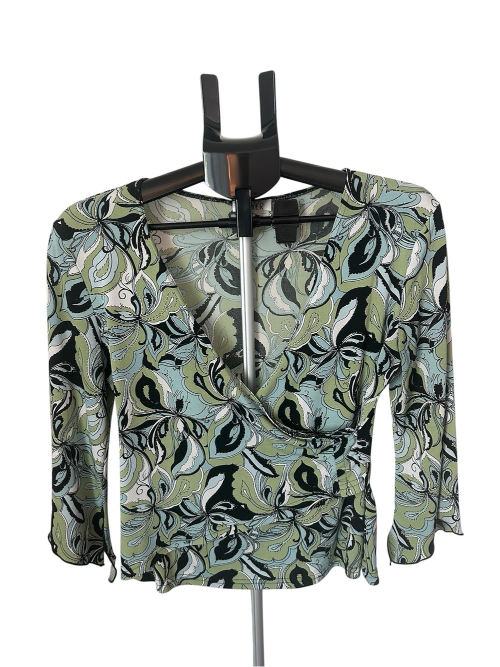 A Byer Vintage Women's Green Paisley Faux Wrap Top SZ Large Y2K Retro Abstract